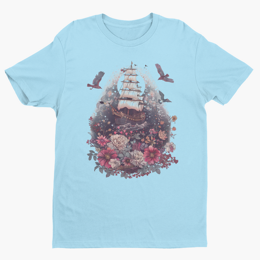 Light blue t-shirt with a ship and floral design on a white background